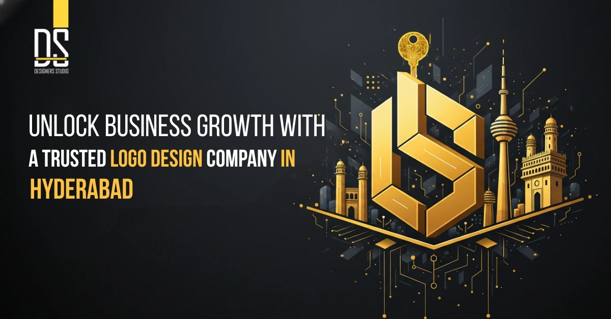 Why your business needs a professional Logo Design Company in Hyderabad - 2026 Guide featuring gold geometric branding