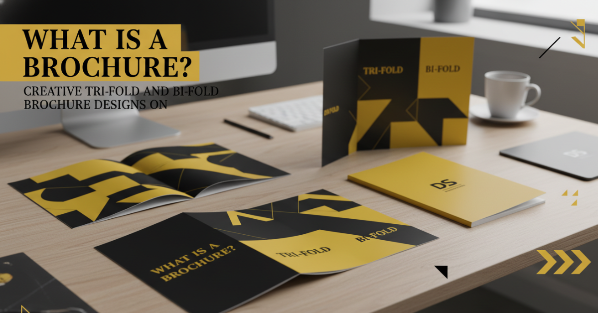 what is a brochure - creative tri-fold and bi-fold brochure designs on a desk by Designers Studio