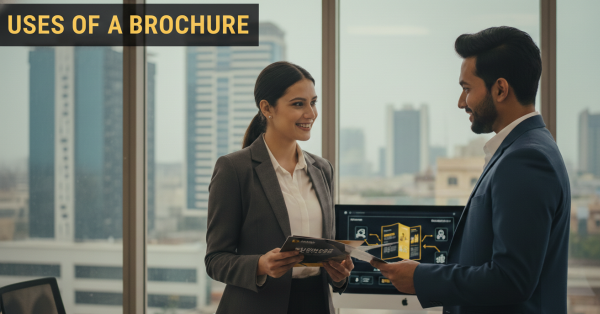 uses of a brochure - business executive handing a brochure to a client in Hyderabad