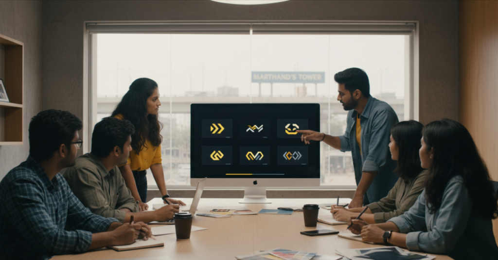 Designers Studio team brainstorming logo concepts in LB Nagar Hyderabad