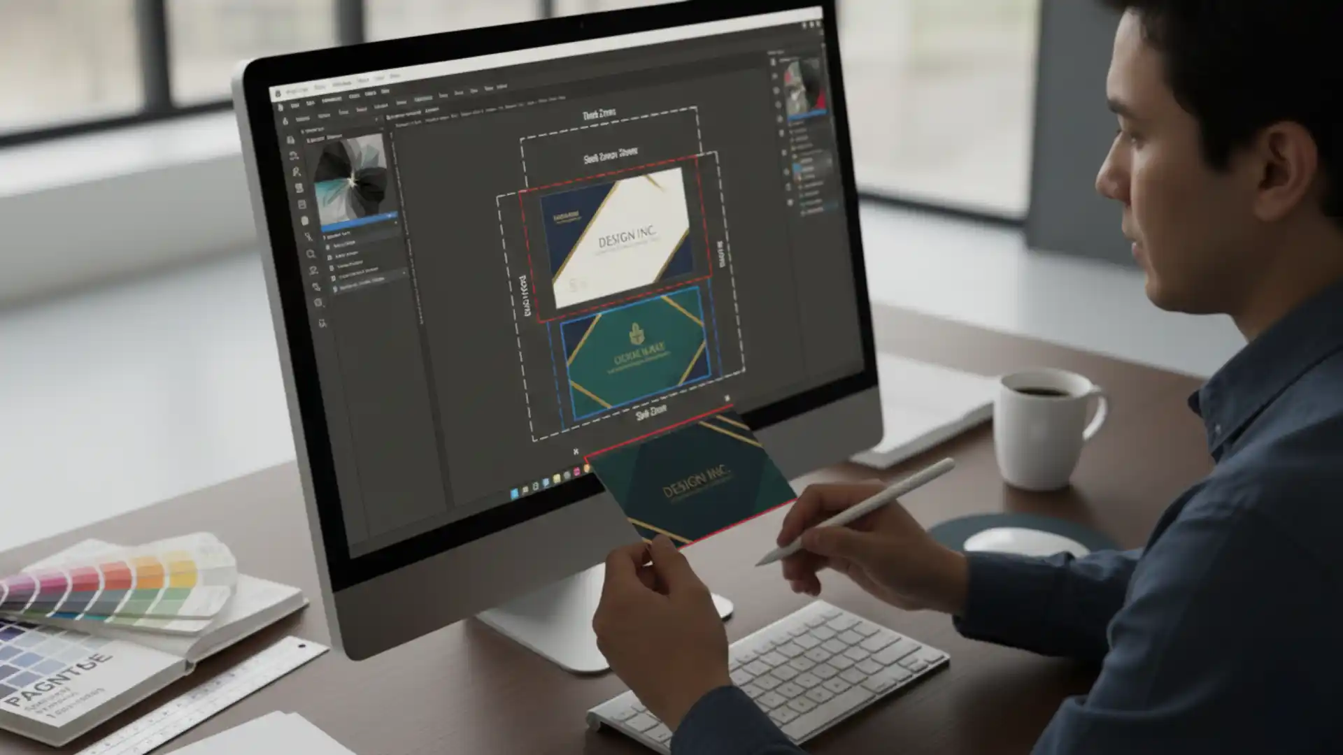 Graphic designer setting up bleed and safe zones for business card printing