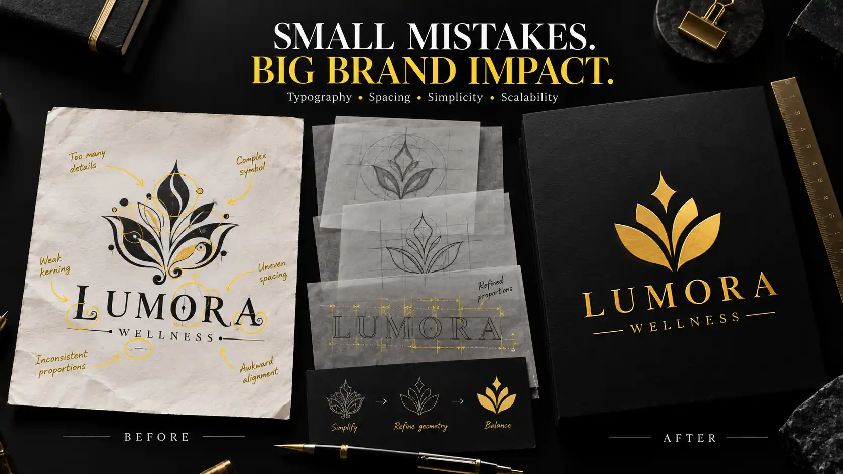 Before and after comparison of common logo design mistakes